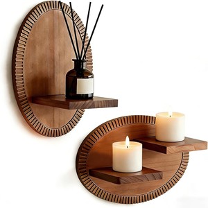 Wooden Wall <b>Shelf</b> Circular Design With Candle Holder For Living Room Decor - Product Image 1
