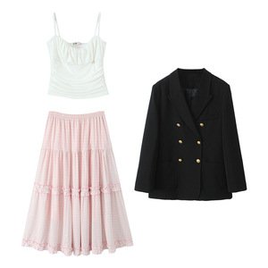 Falda Midi con Volantes Happy Plus para Mujer, Cintura Elástica, Chifón con Puntos, Color Rosa Lotus, Talla Grande, Ropa Casual de Otoño - Product Image 4