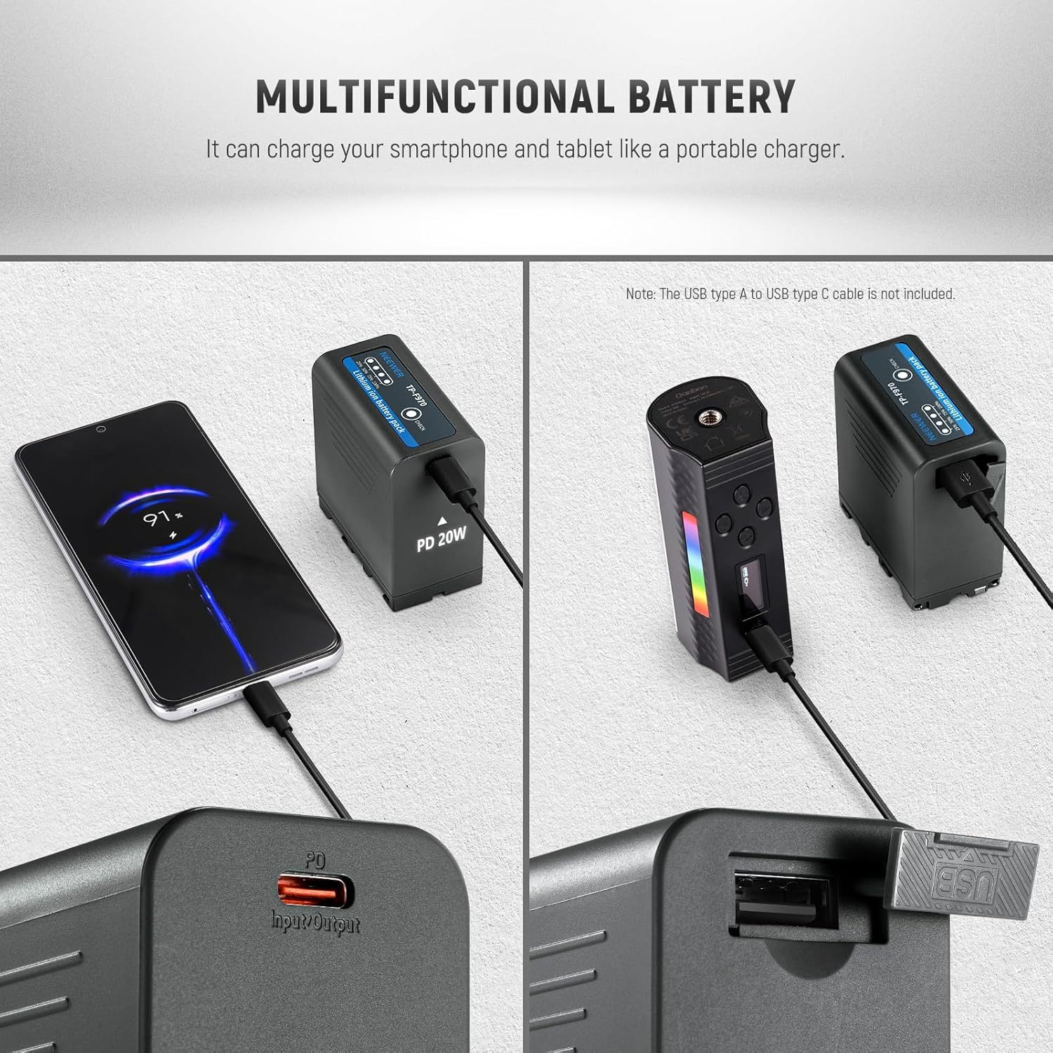 Soonpho Lot 2 Batteries NP-F550 2200mAh + USB-C – Remplacement Sony NP-F970/F960/F770/F750/F570/F550 – Pour Caméscope, Moniteur, Godox, Neewer