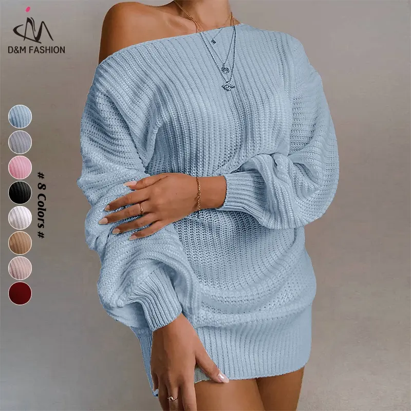 D&M Hot Selling Sweater Dress Casual Autumn and Winter Off-shoulder Lantern Sleeve Knitted Women Long Sweaters