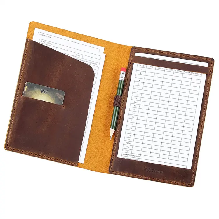 Golf notebook armazenamento braçadeira calibre PU couro golfe Scorecard titular logotipo personalizado