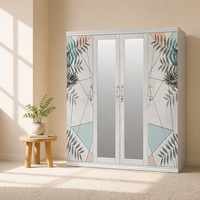 Armoire de chambre à coucher moderne multifonctionnelle à quatre portes en métal avec miroir à imprimé floral et tiroirs robustes et durables