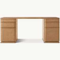 Bureau de direction élégant et moderne en chêne clair à 6 tiroirs sans poignées avec base en piédestal arrondi pour bureau à domicile, personnalisable OEM
