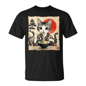Camisetas con Diseños Gráficos Japoneses de Gatos Kawaii, Camiseta de Anime con Gato y Ramen, Ropa Promocional para Amantes de los Gatos - Product Image 1