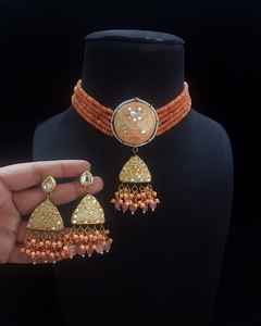 Traditional Kundan Pearl Choker Necklace Set with <b>Green</b> Beads - Gold Plated Bridal <b>Jewellery</b> for Weddings & Festivals - Product Image 2