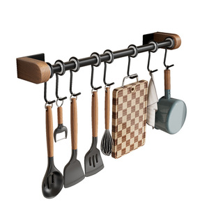 Wall Mounted Stainless Steel <b>Kitchen</b> <b>Hooks</b> Walnut Wood Hanging Rods For Spatula Spoon Storage Rack Punch Free Installation - Product Image 5