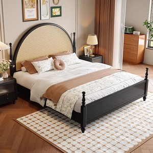 Cama de Madera Maciza Negra de Lujo, Cabecera Semicircular (Tela/Ratán), Personalizable para Proyectos de Hoteles y Apartamentos, Apta para Pedidos al por Mayor - Product Image 3