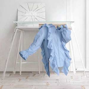 Women's <b>Light</b> Blue Ruffle Blouse Long Sleeve <b>Balloon</b> Sleeve Turn-down Collar Button Down Loose Fit Spring Summer Solid Color - Product Image 3