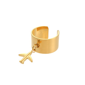 Anelli Aperti con Ciondolo a Goccia, Luna e Aeroplano in Acciaio Inossidabile Placcato Oro 18K, Stile Trendy all'Ingrosso - Product Image 6