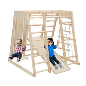 Climber 7 In 1 Wooden Indoor Playground Gym Play Set Wall Monkey Bars Rope Ladder Climbing Rope And Swing Wooden Montessori Climber
