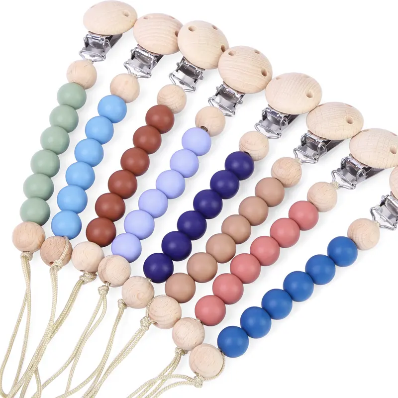 Diy Personalised Metal Wood infant Beads Dummy Clip Holder Silicone Baby Pacifier Clip