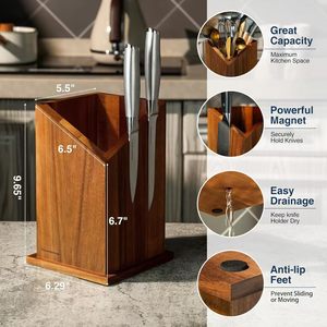 Porte-couteaux magnétique en bois de 9,65 pouces de hauteur avec drainage et pieds antidérapants pour le rangement de cuisine - Product Image 1