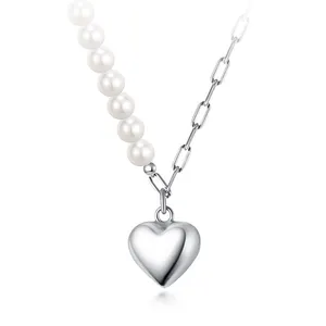 TrustDavis Authentic 925 Sterling Silver Lovely Pearl Heart Pendant Necklace For Women Wedding Birthday S925 Jewelry Gift DA1210