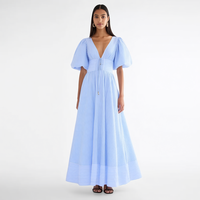 Robe longue maxi personnalisée pour femme, nouvelle mode, rayée bleu et blanc, col en V profond, manches bouffantes, coupe trapèze, taille haute, pour l'été, la plage et les vacances