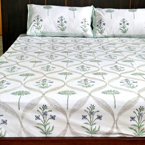 Indian Handcrafted Sanganeri Hand Block Printed 300tc 100% Cotton Flat <b>Sheet</b> Set Pillow Cover for Hotel Use Adults Machine Wash - Product Image 1
