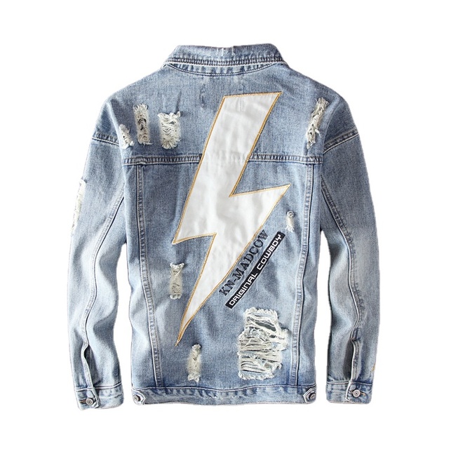 2022 Quality Light Blue Denim Jeans Jacket Ripped Jacket lightning Patch Ripped Denim Jacket