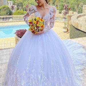 Abito da <span class=keywords><strong>sposa</strong></span> moderno 2025 stile principessa, bianco, con applicazioni in pizzo, maniche lunghe, vita scesa e allacciatura in pizzo, per spose - Product Image 3