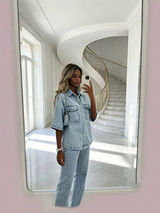 European and American French retro <b>distressed</b> five quarter sleeve denim <b>top</b> loose workwear double pocket shirt - Product Image 5