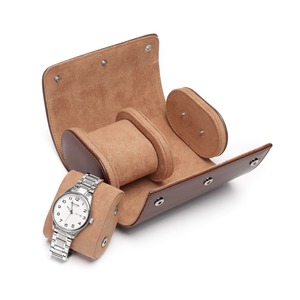 Custom Badge Portable Waterproof Travel Watch <b>Roll</b> <b>Box</b> Luxury Brown PU Leather Suede Lining Snap Button Closure - Product Image 2