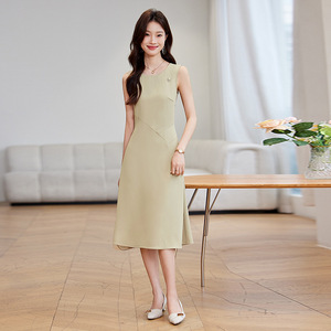Stylish Simple Mid Length Dress For Women O Neck Sleeveless A Line Solid Color Off White Career Dress Spring Summer 2025 Korean - Product Image 4