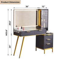 Hanyee Coiffeuse moderne en bois MDF massif à 5 tiroirs avec miroir éclairé, détails sculptés, table de maquillage cannelée, pieds en fer pour chambre à coucher