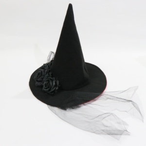 Sombrero de Bruja Negro Personalizado con Rosas y Tul, Gorro de Mago de Fieltro para Disfraz de Fiesta de Halloween, Mujer Adulta - Product Image 2