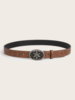 Cinturón de PU con Hebilla de Aleación y Estampado Étnico de Estrellas Marrones, Texturizado, de 2.8cm, Universal para Hombre y Mujer, Venta al por Mayor