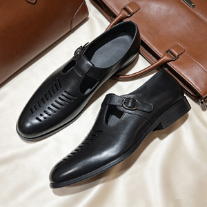 Sandales d'été pour hommes en cuir véritable respirant, sandales habillées en cuir découpé, chaussures d'été formelles pour affaires - Product Image 5