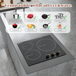 Table de cuisson électrique 24 pouces - 3 brûleurs Table de cuisson électrique en céramique encastrée, table de cuisson en céramique radiante avec 9 niveaux de chauffage 6000W - Product Image 5