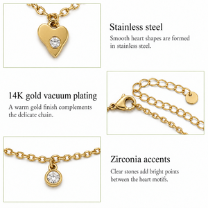 Collier avec pendentif cœur en acier inoxydable, zircone, options de couleur or et argent, chaîne de 45 cm avec extension de 6 cm - Product Image 2