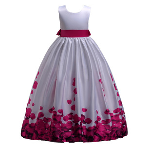 Vestido de gala de satén para niñas con estampado de pétalos rojos, cuello redondo, largo, disfraz de princesa para bodas, para niñas de las flores - Product Image 5