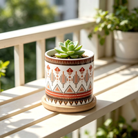 Pot de fleurs en céramique géométrique ethnique bohème, motif tribal décoratif, pot de fleurs de bureau pour la décoration intérieure du rebord de fenêtre