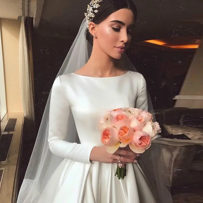 Robe de mariée en satin blanc ivoire à manches longues pour femmes, robe de mariée princesse