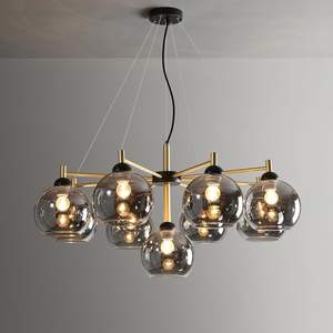 Lustre moderne de style mid-century, finition noir et or, 9 lumières, globes en verre <span class=keywords><strong>gris</strong></span> fumé ambré, luminaire de <span class=keywords><strong>plafond</strong></span> pour salon, salle à manger, hall d'entrée - Product Image 1