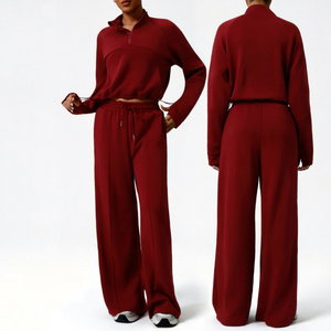 Conjunto Deportivo Holgado para Mujer, Color Rojo Sólido, Cierre de Cremallera de un Cuarto, Manga Larga, Pantalones Anchos con Bolsillos Laterales, Ropa Casual de Otoño - Product Image 1