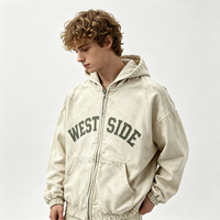 Sweat à capuche zippé vintage délavé avec imprimé lettres WEST SIDE, en coton délavé soleil, style streetwear, coupe ample, effet usé pour homme