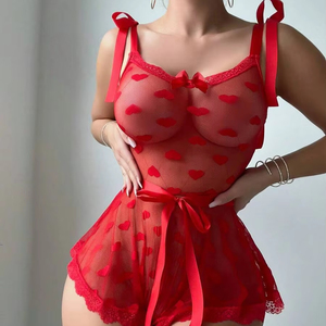 Nuevo diseño, ropa interior <span class=keywords><strong>de</strong></span> encaje transparente rojo para el Día <span class=keywords><strong>de</strong></span> San Valentín, pijama con estampado en forma <span class=keywords><strong>de</strong></span> corazón, ropa interior <span class=keywords><strong>Sexy</strong></span> <span class=keywords><strong>de</strong></span> alta elasticidad para mujer - Product Image 1