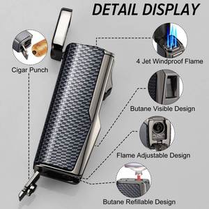 Metal <b>Custom</b> Logo Band Cigar Punch Knife Three Hole Jet Flame Butane USB Rechargeable Windproof Eco-Friendly Inflatable <b>Lighter</b> - Product Image 2