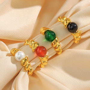 Gold Plated Twisted Band Rings with Colorful <strong>Beads</strong> Pear Colorful Onyx <strong>Emerald</strong> Stone Jewelry for Women - Product Image 4
