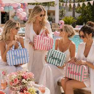 Bolsa de Cosméticos Personalizada para Mujer, Estuche de Lona a Rayas con Gancho para Colgar, Múltiples Bolsillos y Asa Portátil - Product Image 2