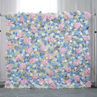 Dinding Latar Belakang Bunga Mawar Biru Pink Buatan 3D Kain Gulung Panel Bunga Buatan Dekorasi Pernikahan