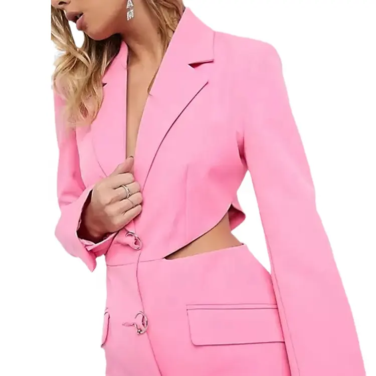 2021 custom Fashion elegant Lady Office Wear Hollow Out Long Sleeve femme formal Cut Out wholesale pink Blazer Women Suits