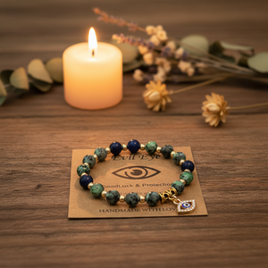 Bracciale con Perline e Ciondolo Portafortuna Occhio di Allah Turco Fatto a Mano in Pietra Naturale Turchese Africano Braccialetto Elastico Gioielli Energetici per Yoga - Product Image 1