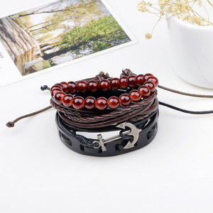 Qinuo Navy Style Cowhide Multi Strap Bracelet Anchor <b>Beaded</b> Jewelry <b>Set</b> For Men - Product Image 2