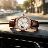 Montre mécanique automatique pour femme avec phases de lune, lunette sertie de diamants, bracelet en cuir, montre de luxe pour femme