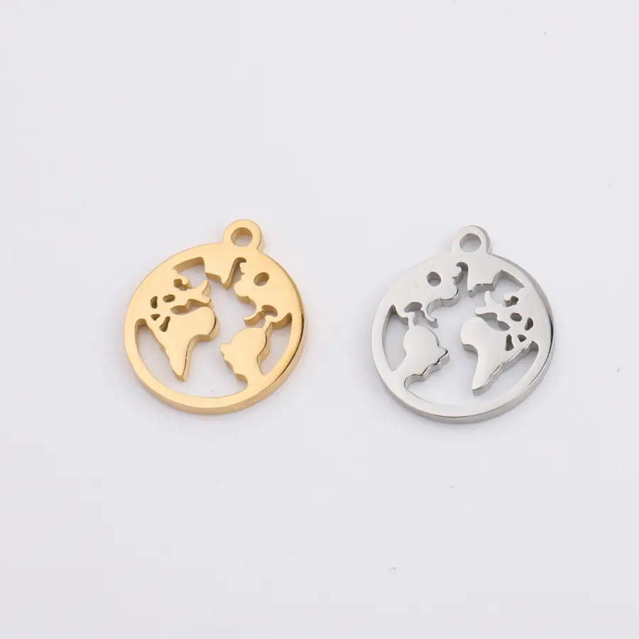 15*17.3mm Stainless Steel Mirror Polished Hollow Round World Map Metal Charms Pendant forJewelry Making