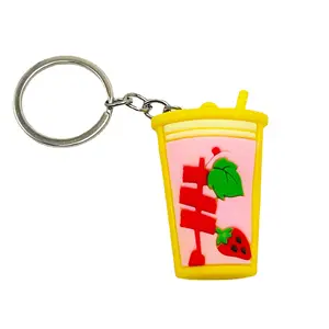 customize keychain pvc charm bag accessory, strawberry boba milk tea keychain for bubble tea shop promotion souvenir gift