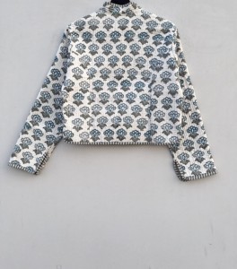 Handmade Quilted <b>Kantha</b> Cotton <b>Jacket</b> Floral Print Embroidery Knitted Technique Stand Button Reversible Short Trendy Winter Coat - Product Image 3