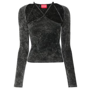 เสื้อยืดแขนยาวผู้หญิงทรงเข้ารูป ยืดหยุ่น คอ halter สีดำฟอกยีนส์ สไตล์ OEM สำหรับสาวๆ รุ่นใหม่ล่าสุด - Product Image 2