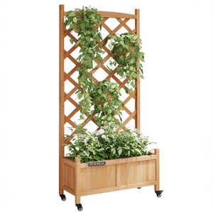 Fioriera in Legno di Abete Marrone Massiccio con Traliccio e Ruote, 6 Piedi, Contenitore per Piante da Giardino Rettangolare in Stile Tradizionale - Product Image 1